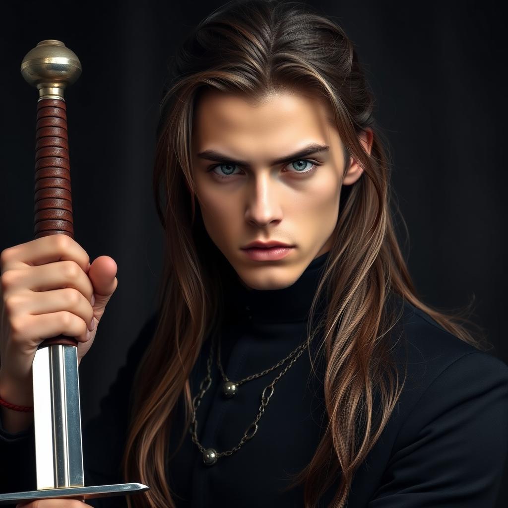 A young adult man with long brown hair and striking gray eyes, exhibiting a serious expression