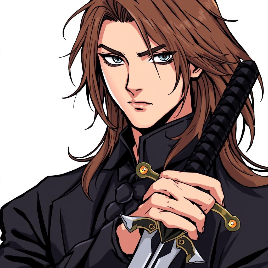 A young adult man with long brown hair and grey eyes, displaying a serious expression