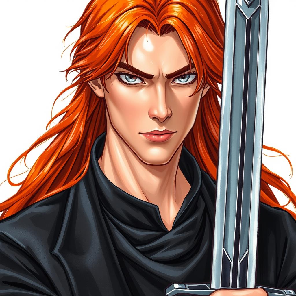 A young adult man with long chestnut hair and piercing gray eyes, wearing elegant black clothing