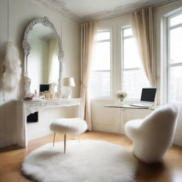 A diminutive room featuring a large laptop table and chair, accompanied by a tall standing mirror. The floors are adorned with a fur carpet, while the windows showcase sheer white net curtains.