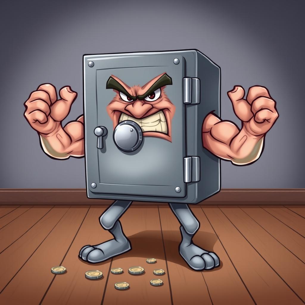 A caricature of an angry bank safe with muscular arms and legs, flexing its biceps while scowling, in a cartoonish style