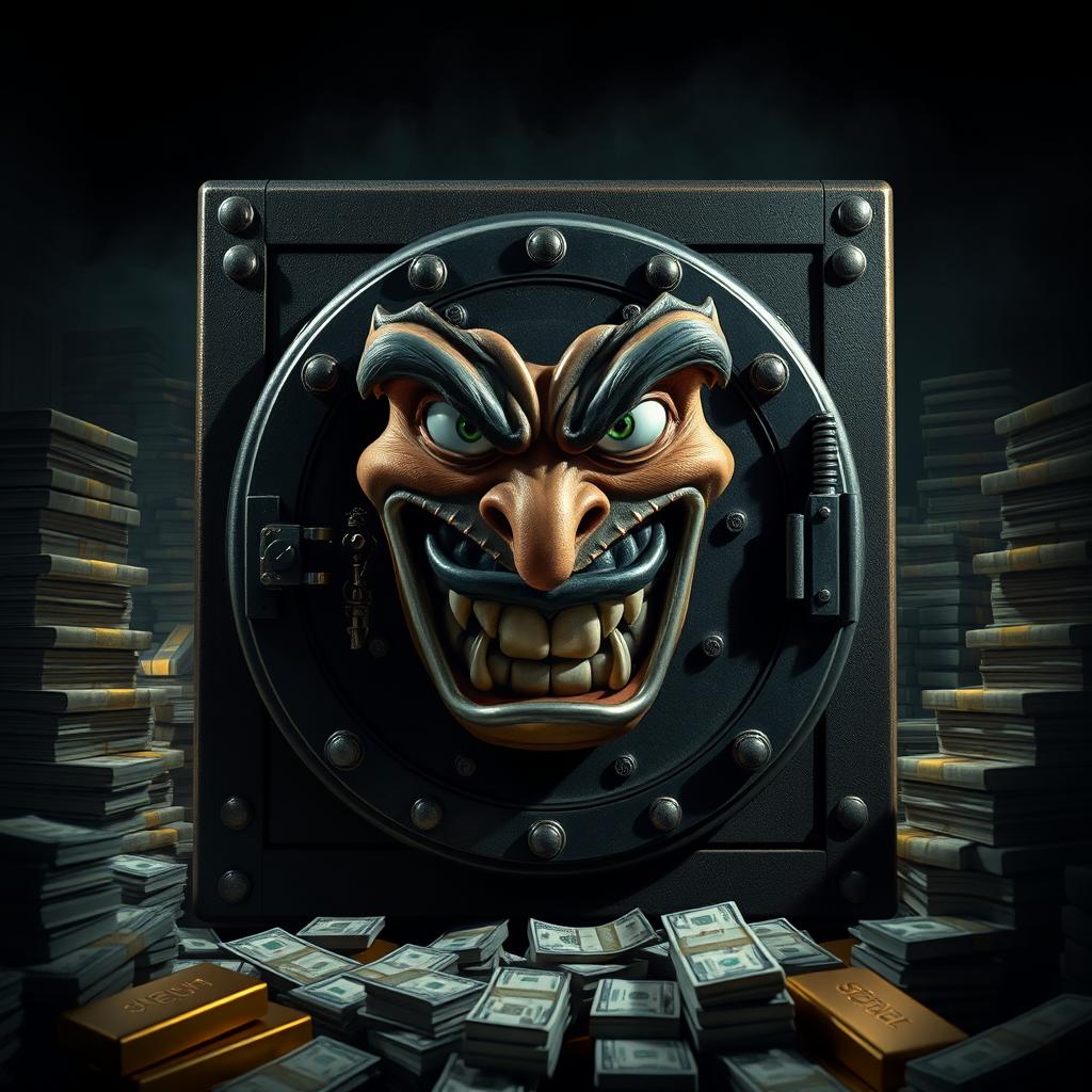A fierce and intimidating bank safe, designed with a heavy iron door, intricate locking mechanisms, and an aggressive expression