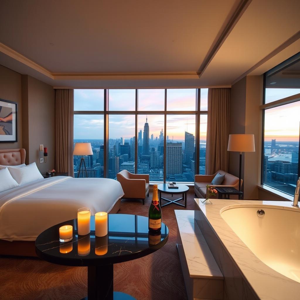 A luxurious hotel suite featuring a stunning view of a city skyline at sunset