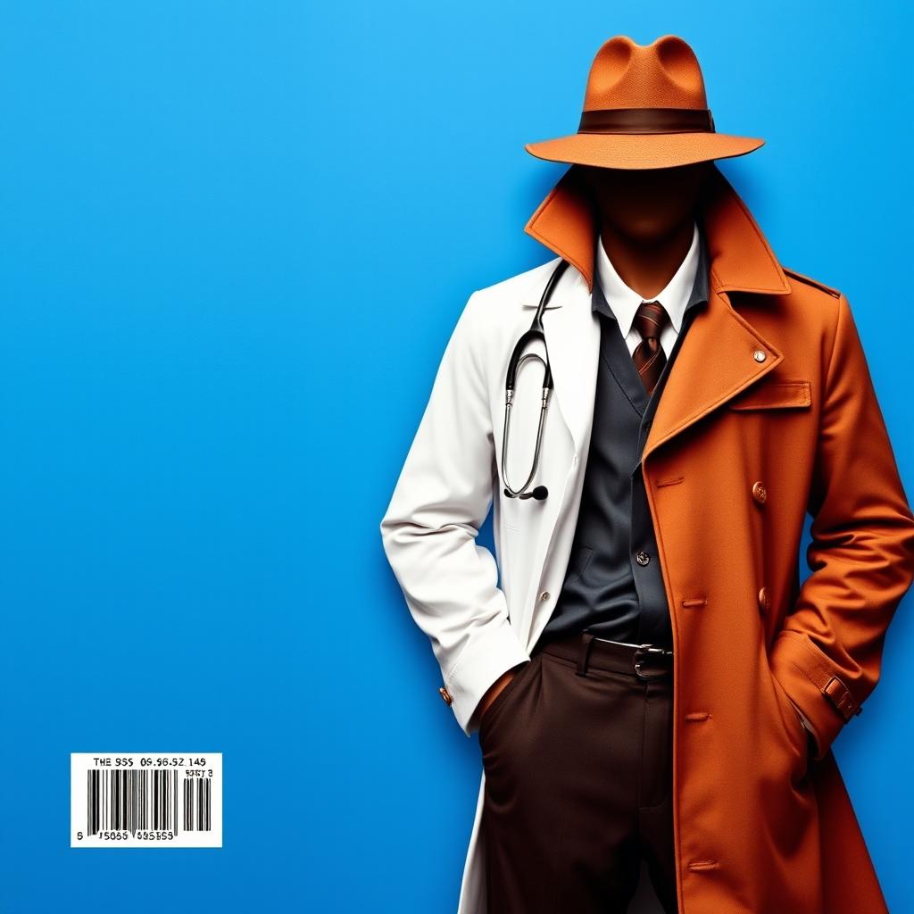 A book cover featuring a character that is half detective and half doctor, without showing a face
