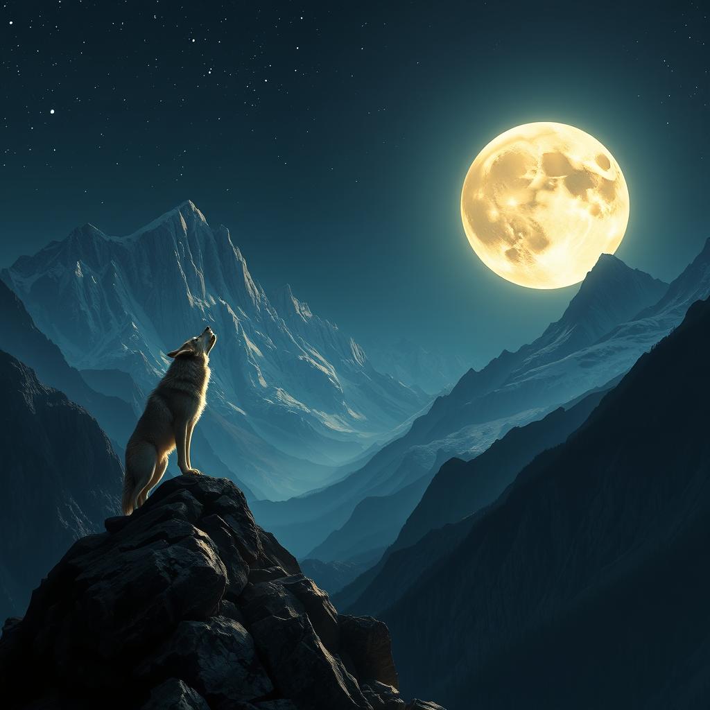 A stunning nighttime landscape featuring majestic mountains bathed in moonlight, with a large, glowing full moon illuminating the scene