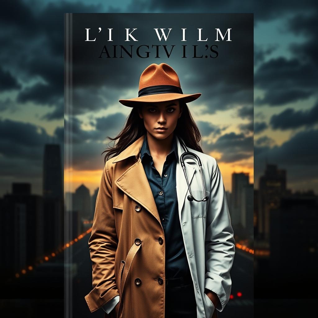 A book cover featuring a faceless woman with a unique split outfit: one half resembles a detective's attire complete with a trench coat and a fedora, while the other half is a doctor's outfit consisting of a white lab coat and a stethoscope