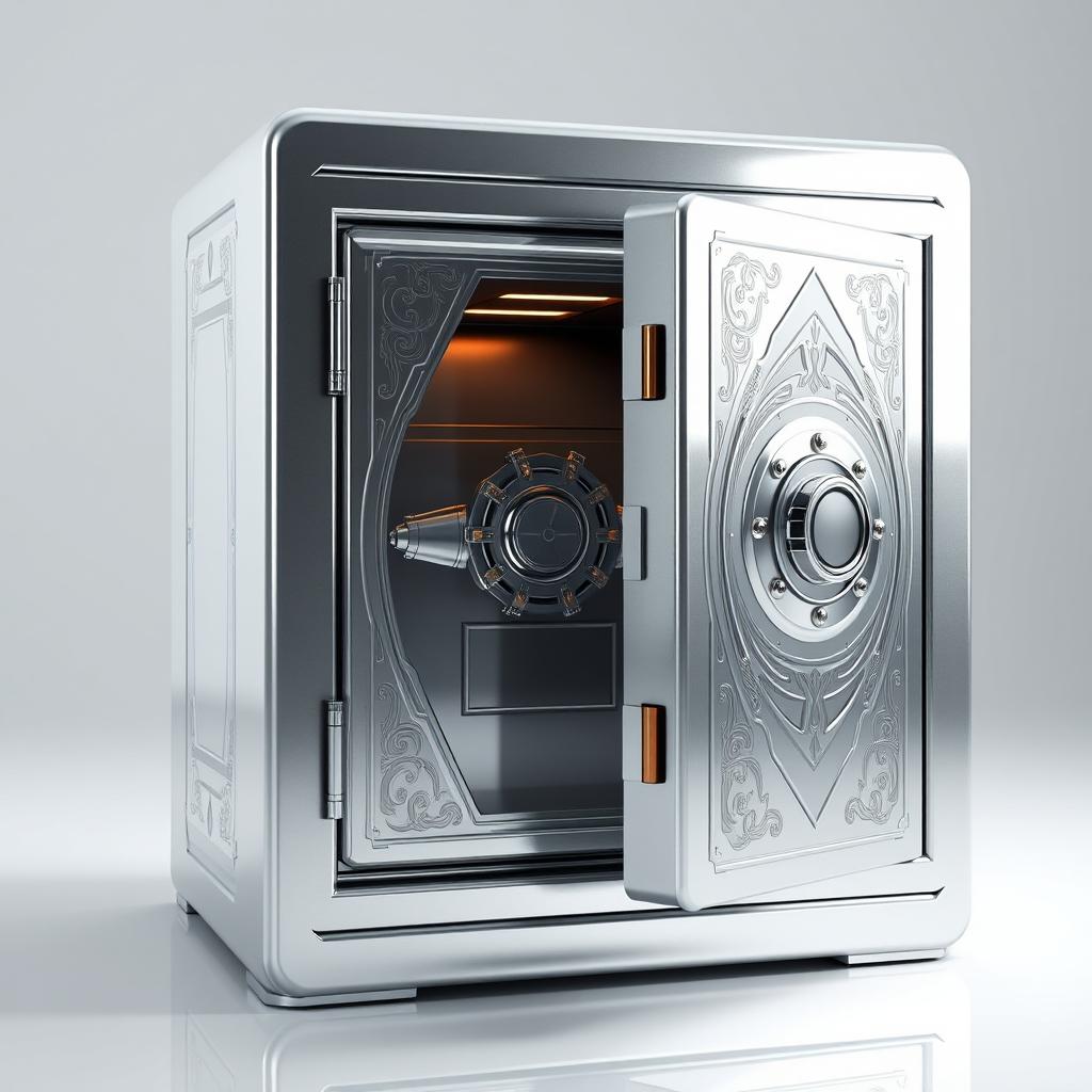 A realistic and creatively designed bank safe, featuring a sleek, modern look with a shiny, metallic surface