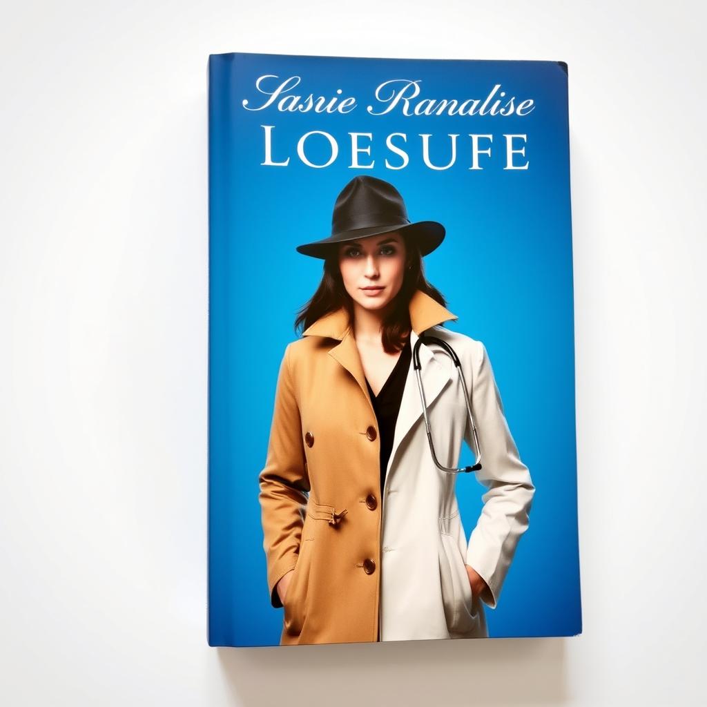 A book cover featuring a woman with a blurred face, dressed in a unique split outfit: one half is a detective's attire with a trench coat and a fedora, while the other half is a doctor's outfit, including a white lab coat and a stethoscope