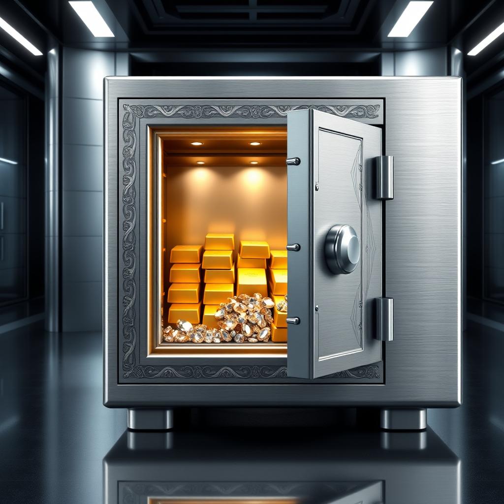 A realistic and creatively designed bank safe, featuring a heavy-duty metallic exterior with a brushed finish and elaborate engravings