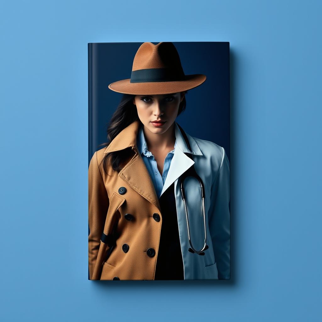 A book cover featuring a woman with a blurred face, dressed in a unique split outfit: one half is a detective's ensemble complete with a stylish trench coat and classic fedora, while the other half features a doctor's white lab coat with a stethoscope draped around her neck
