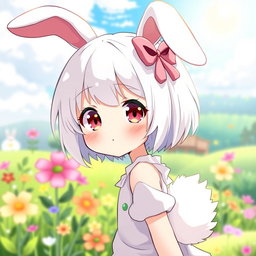 A cute girl in anime style with short white hair, rabbit ears, and a fluffy rabbit tail, wearing a playful outfit