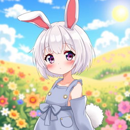A cute girl in anime style with short white hair, rabbit ears, and a fluffy rabbit tail, wearing a playful outfit