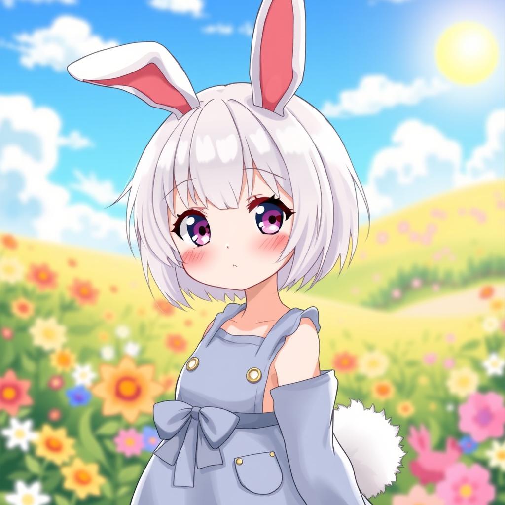 A cute girl in anime style with short white hair, rabbit ears, and a fluffy rabbit tail, wearing a playful outfit
