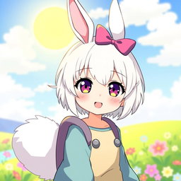 A cute girl in anime style with short white hair, rabbit ears, and a fluffy rabbit tail, wearing a playful outfit