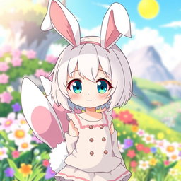 A cute girl in anime style with short white hair, rabbit ears, and a fluffy rabbit tail, wearing a playful outfit