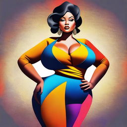 A digital art representation of a confident woman with a curvaceous figure