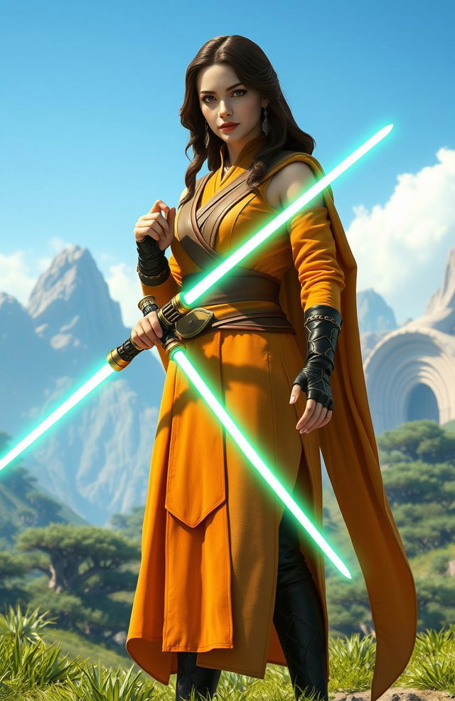 A female figure standing confidently on the lush, green planet of Naboo, holding the Dark Saber, an ancient weapon glowing ominously in her grip