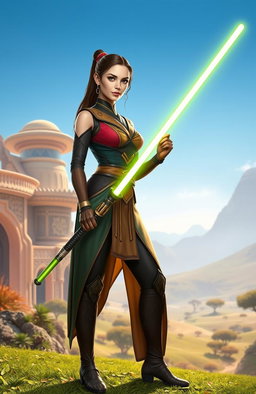 A female figure standing confidently on the lush, green planet of Naboo, holding the Dark Saber, an ancient weapon glowing ominously in her grip