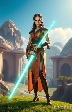 A female figure standing confidently on the lush, green planet of Naboo, holding the Dark Saber, an ancient weapon glowing ominously in her grip