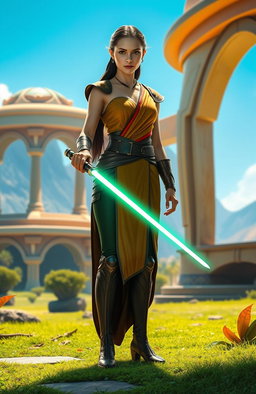 A female figure standing confidently on the lush, green planet of Naboo, holding the Dark Saber, an ancient weapon glowing ominously in her grip