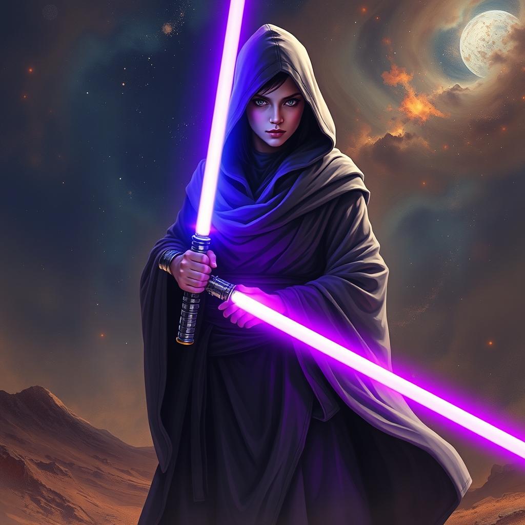 A hooded female figure cloaked in a flowing robe, standing in a mystical, starry landscape reminiscent of the Star Wars universe