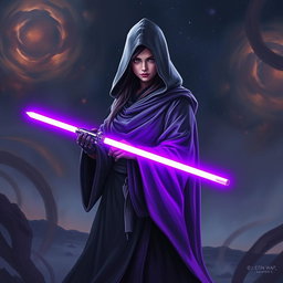 A hooded female figure cloaked in a flowing robe, standing in a mystical, starry landscape reminiscent of the Star Wars universe