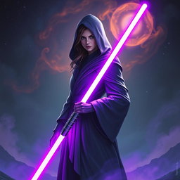 A hooded female figure cloaked in a flowing robe, standing in a mystical, starry landscape reminiscent of the Star Wars universe