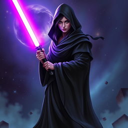 A hooded female figure cloaked in a flowing robe, standing in a mystical, starry landscape reminiscent of the Star Wars universe