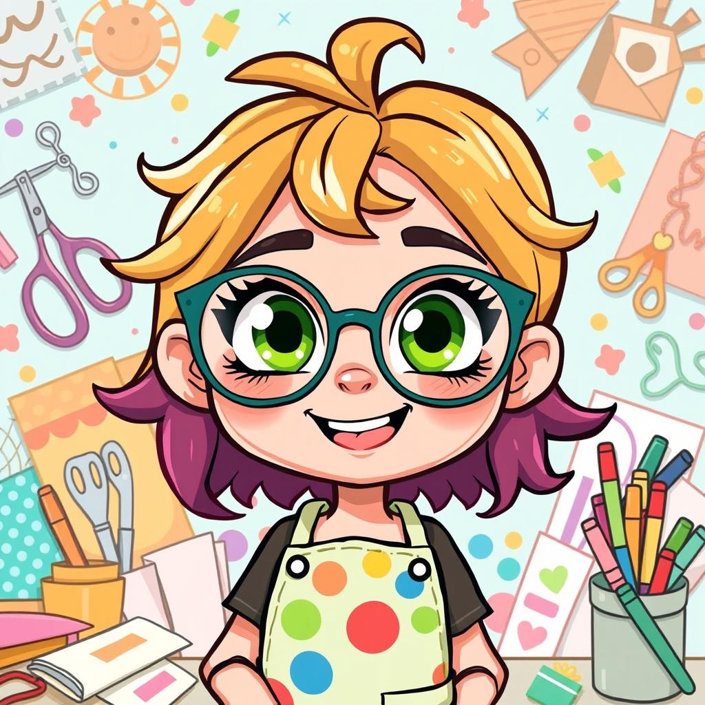 A cartoon illustration of a crafty person with striking green eyes, showcasing a joyful and creative demeanor