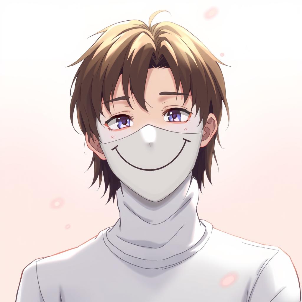 An anime-style illustration of a 35-year-old man with shoulder-length brown hair, wearing a white mask featuring a smiling face design that fully covers his face