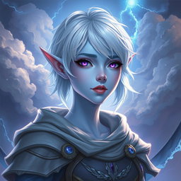 An enchanting DnD character art of Maeve, a striking figure characterized by her light blue skin and elegant elven ears