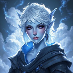 An enchanting DnD character art of Maeve, a striking figure characterized by her light blue skin and elegant elven ears