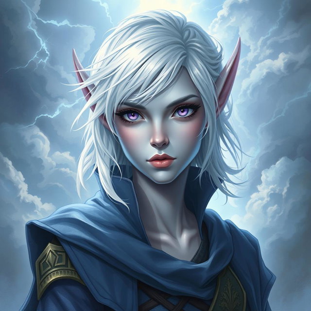 An enchanting DnD character art of Maeve, a striking figure characterized by her light blue skin and elegant elven ears