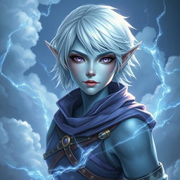 An enchanting DnD character art of Maeve, a striking figure characterized by her light blue skin and elegant elven ears