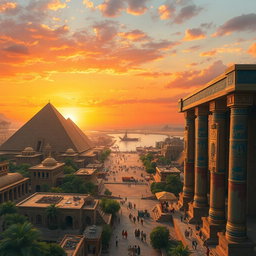 An ancient Babylonian cityscape at sunset, featuring majestic ziggurats with intricate carvings and sculptures, bustling markets filled with merchants and exotic goods, lush gardens surrounding the temples, and citizens in traditional attire engaging in trade