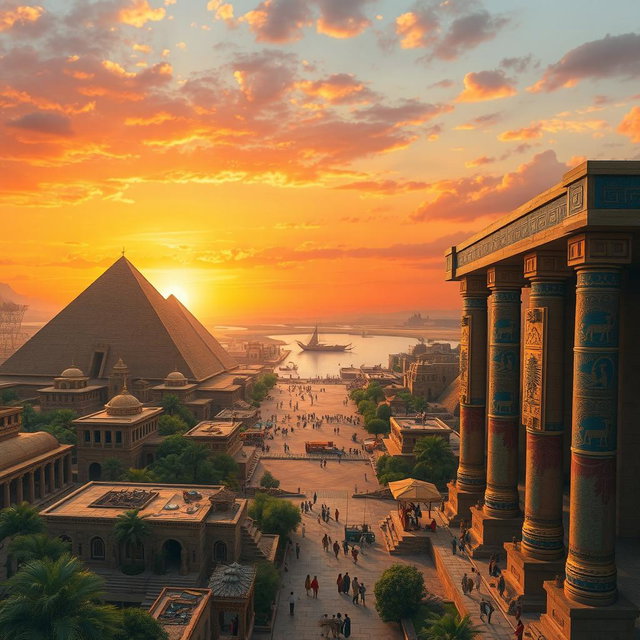 An ancient Babylonian cityscape at sunset, featuring majestic ziggurats with intricate carvings and sculptures, bustling markets filled with merchants and exotic goods, lush gardens surrounding the temples, and citizens in traditional attire engaging in trade