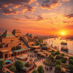 An ancient Babylonian cityscape at sunset, featuring majestic ziggurats with intricate carvings and sculptures, bustling markets filled with merchants and exotic goods, lush gardens surrounding the temples, and citizens in traditional attire engaging in trade