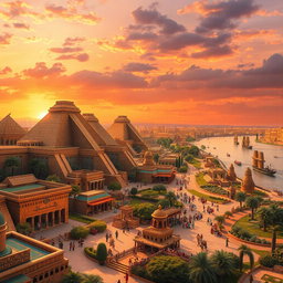An ancient Babylonian cityscape at sunset, featuring majestic ziggurats with intricate carvings and sculptures, bustling markets filled with merchants and exotic goods, lush gardens surrounding the temples, and citizens in traditional attire engaging in trade