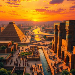 An ancient Babylonian cityscape at sunset, featuring majestic ziggurats with intricate carvings and sculptures, bustling markets filled with merchants and exotic goods, lush gardens surrounding the temples, and citizens in traditional attire engaging in trade