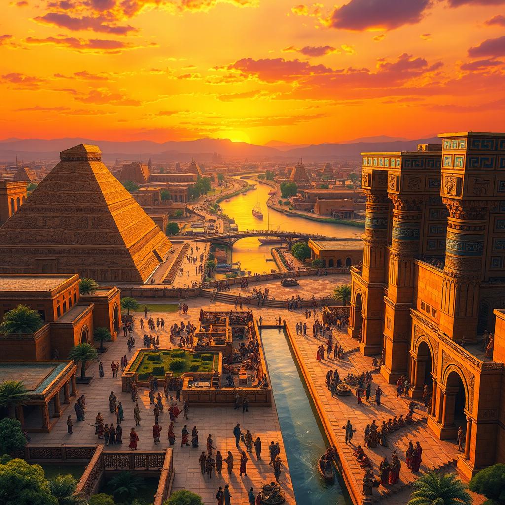 An ancient Babylonian cityscape at sunset, featuring majestic ziggurats with intricate carvings and sculptures, bustling markets filled with merchants and exotic goods, lush gardens surrounding the temples, and citizens in traditional attire engaging in trade