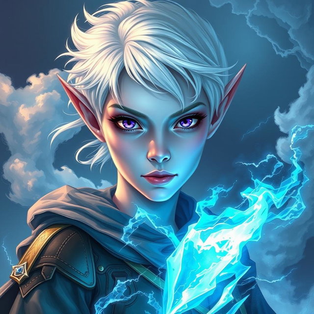 An impressive DnD character art depiction of Maeve, showcasing her as a striking figure with radiant light blue skin and elegant elven ears