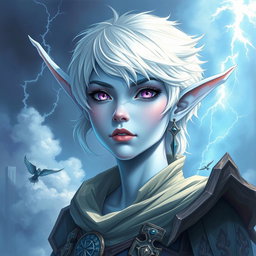 An impressive DnD character art depiction of Maeve, showcasing her as a striking figure with radiant light blue skin and elegant elven ears