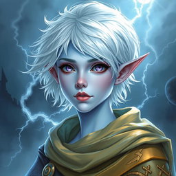 An impressive DnD character art depiction of Maeve, showcasing her as a striking figure with radiant light blue skin and elegant elven ears