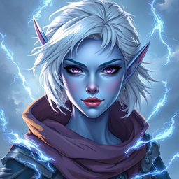 An impressive DnD character art depiction of Maeve, showcasing her as a striking figure with radiant light blue skin and elegant elven ears