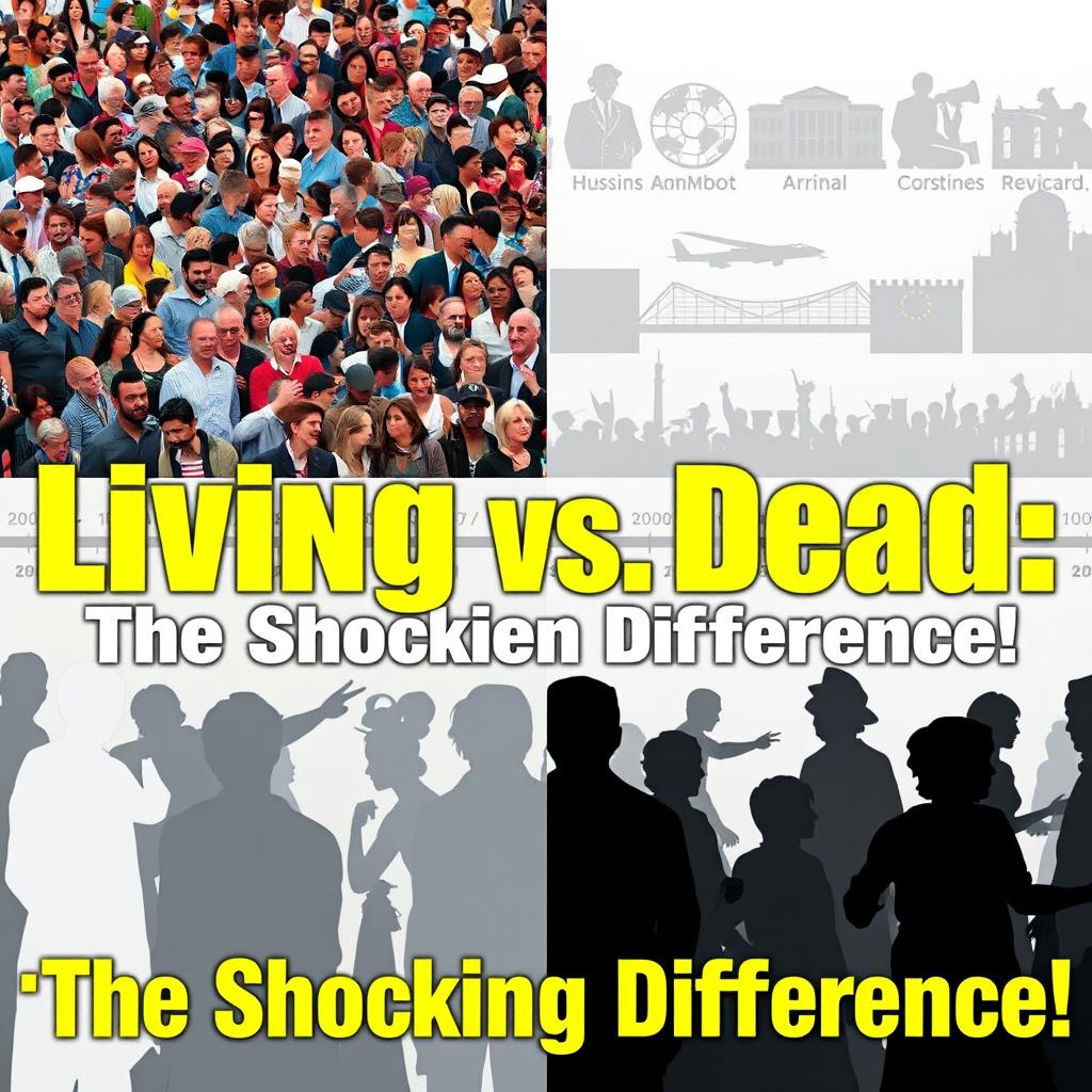 A captivating and visually striking YouTube thumbnail that illustrates the concept of the historical difference between the number of living and deceased individuals throughout history