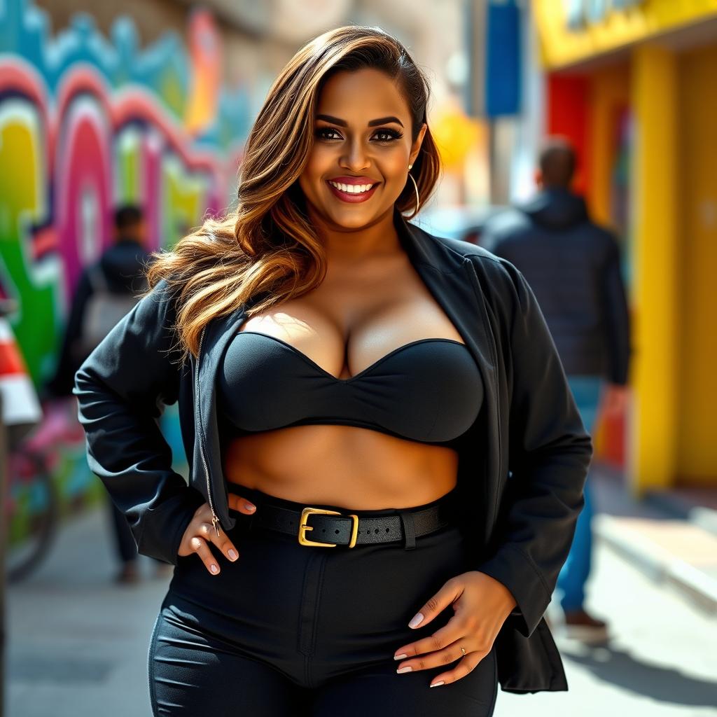 A confident, curvaceous woman with a big bust and ample hips, wearing a stylish and form-fitting outfit that accentuates her figure