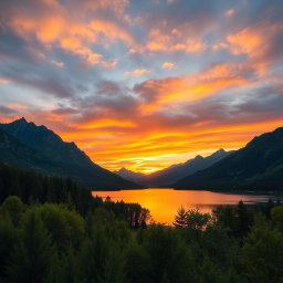 A stunning, high-resolution wallpaper featuring a tranquil mountain landscape during sunset