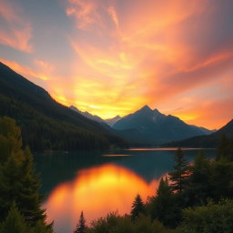 A stunning, high-resolution wallpaper featuring a tranquil mountain landscape during sunset