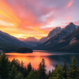 A stunning, high-resolution wallpaper featuring a tranquil mountain landscape during sunset