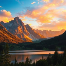 A stunning, high-resolution wallpaper featuring a tranquil mountain landscape during sunset